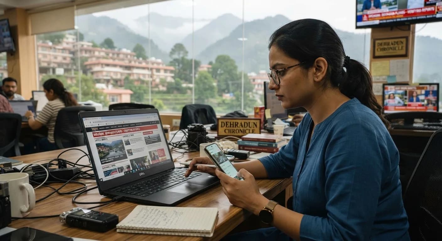 A reporter checking a story on a laptop in a newsroom in the hills